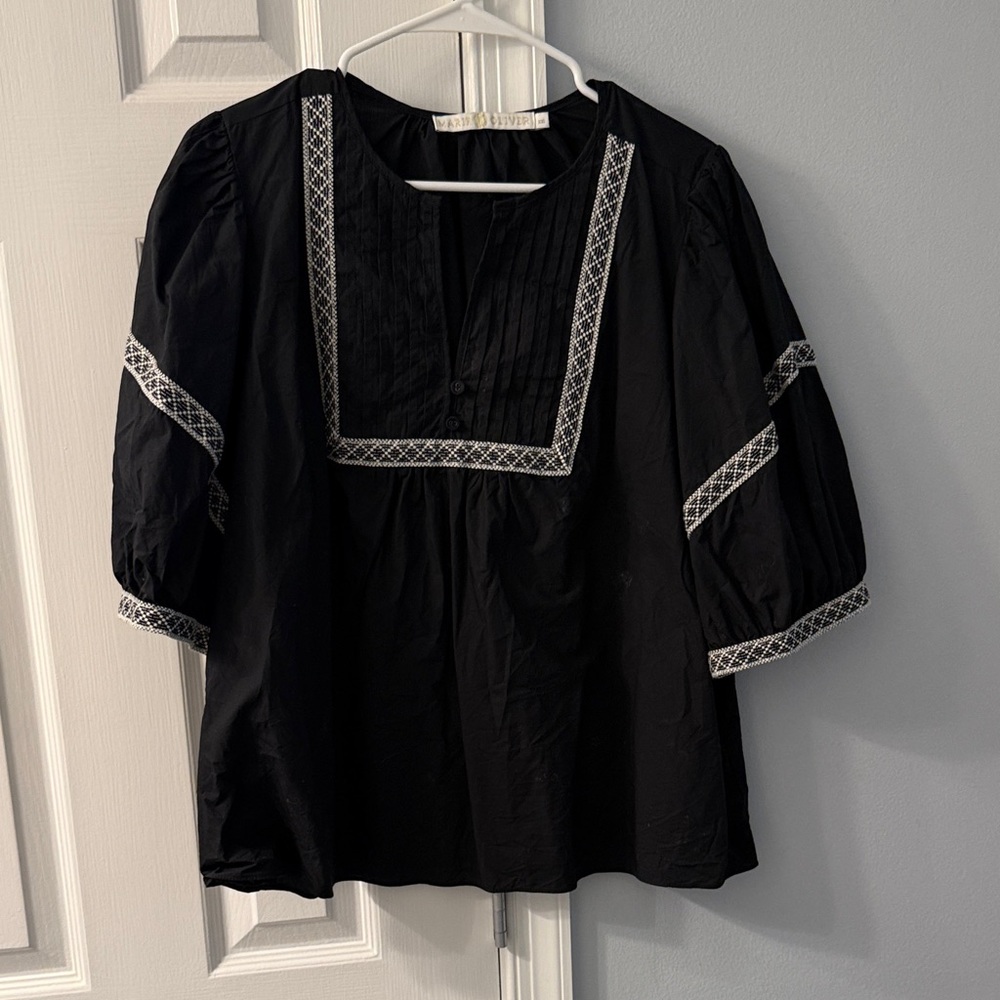 Marie Oliver Black Cotton Blouse with White Embroidered Trim